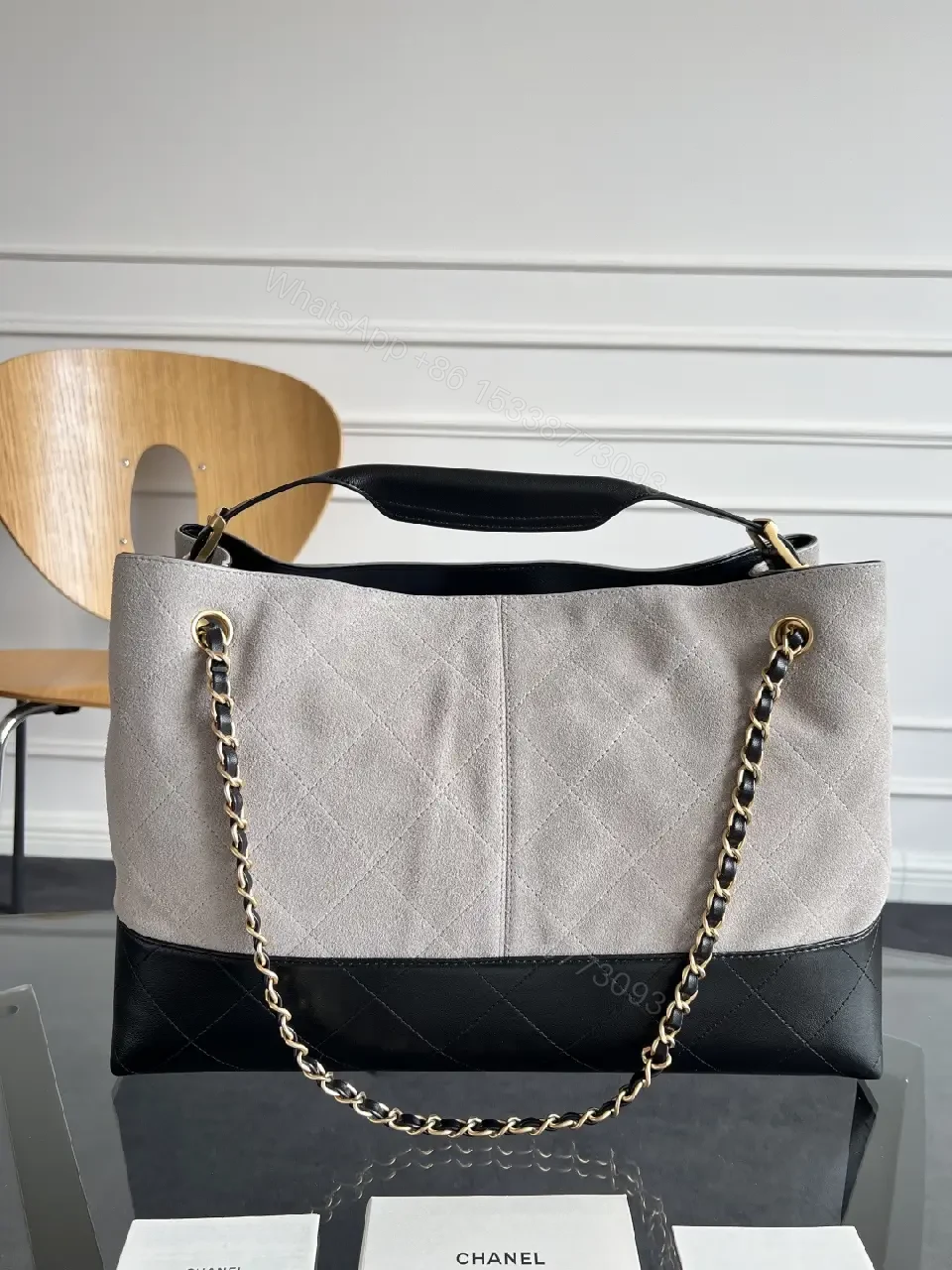 View 7 of Taupe & Black Quilted Tote: Luxury Two-Tone Everyday Bag