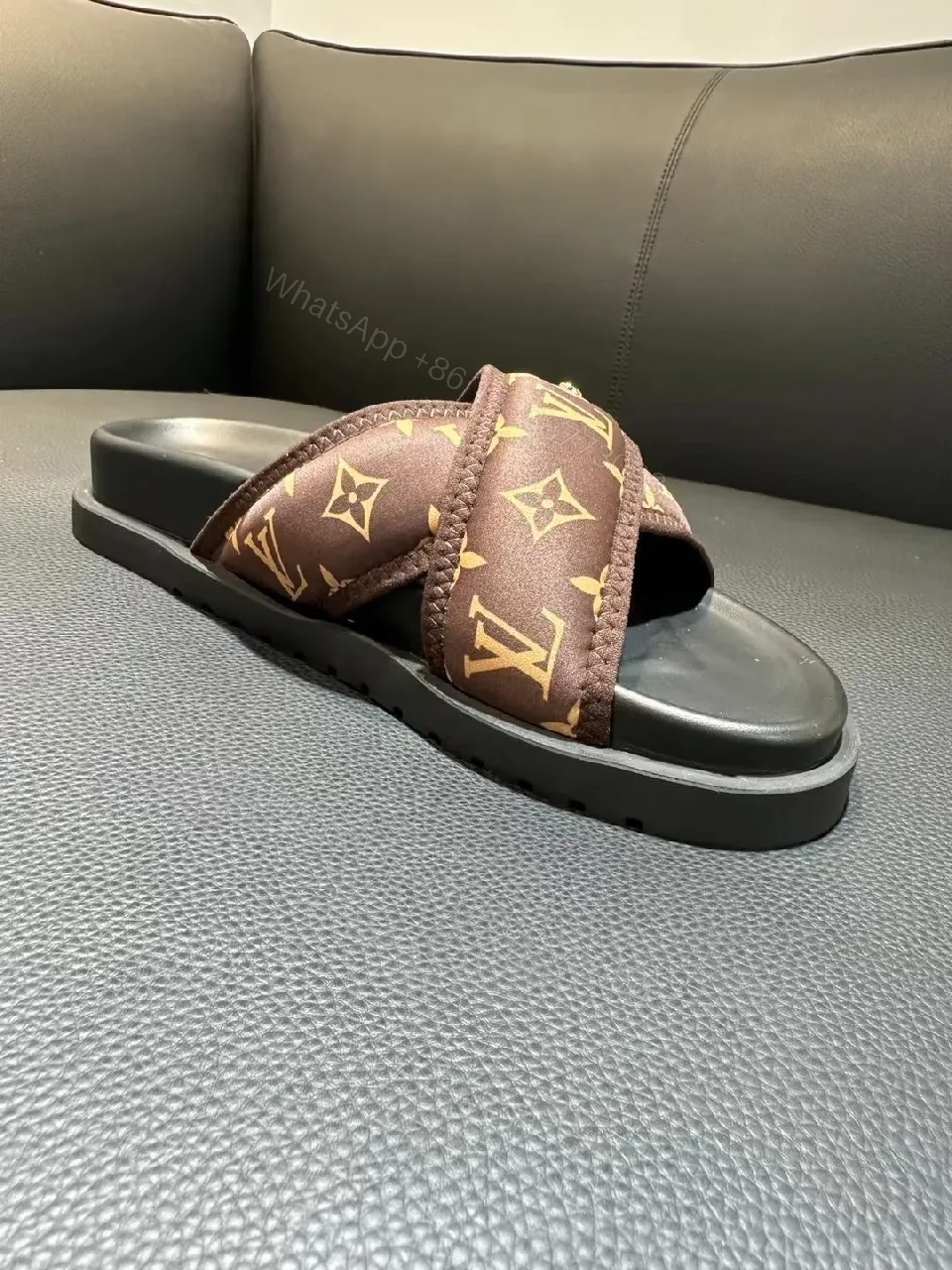 View 4 of Brown LV-Inspired Cross-Strap Slides, Premium Comfort