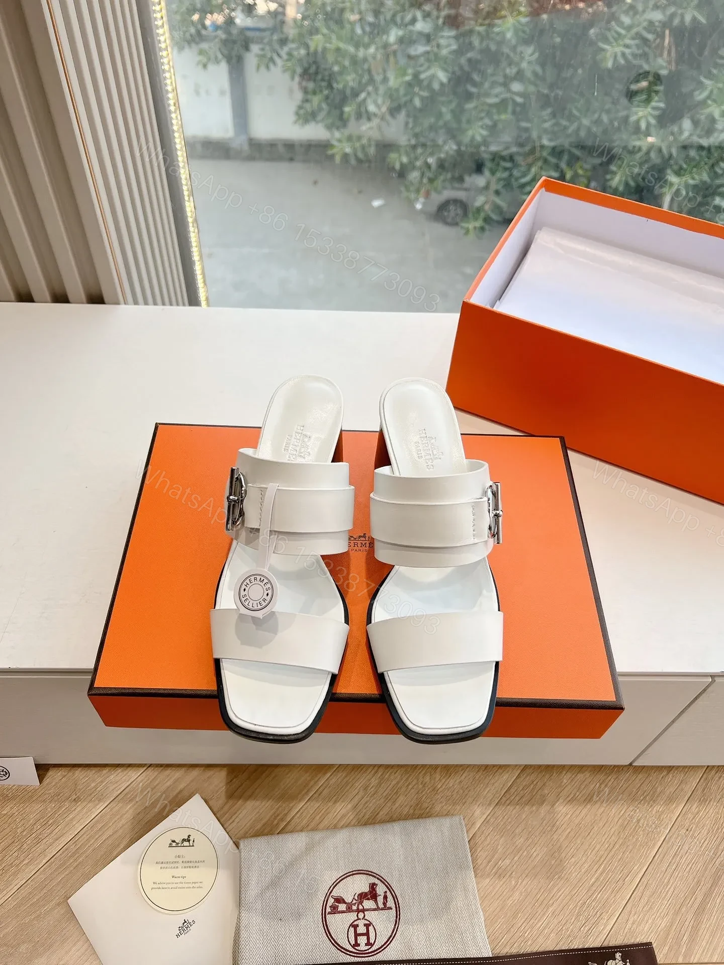 Hermes Women White Leather Buckle Sandals — view 1