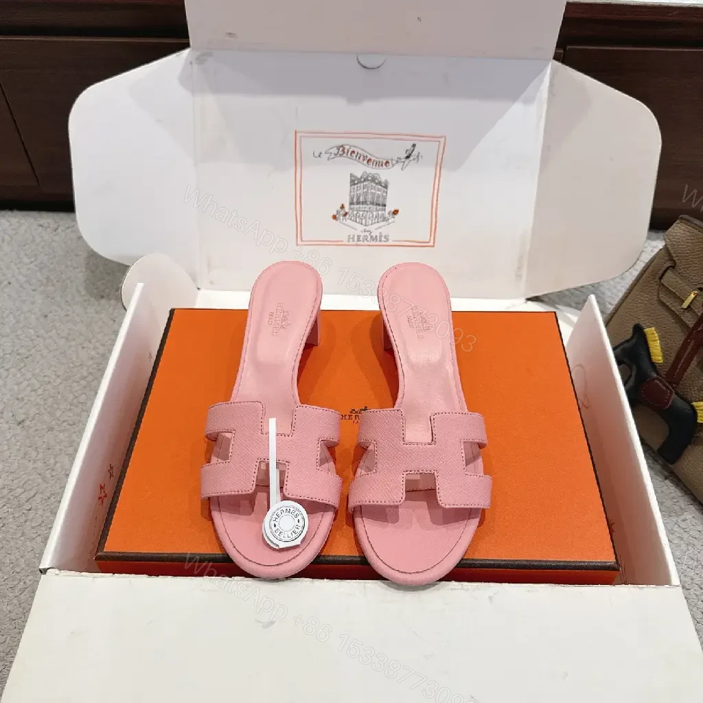 View 2 of Pink Leather H-Style Slide Sandals, Hermès-Inspired, Classic Platform Slide