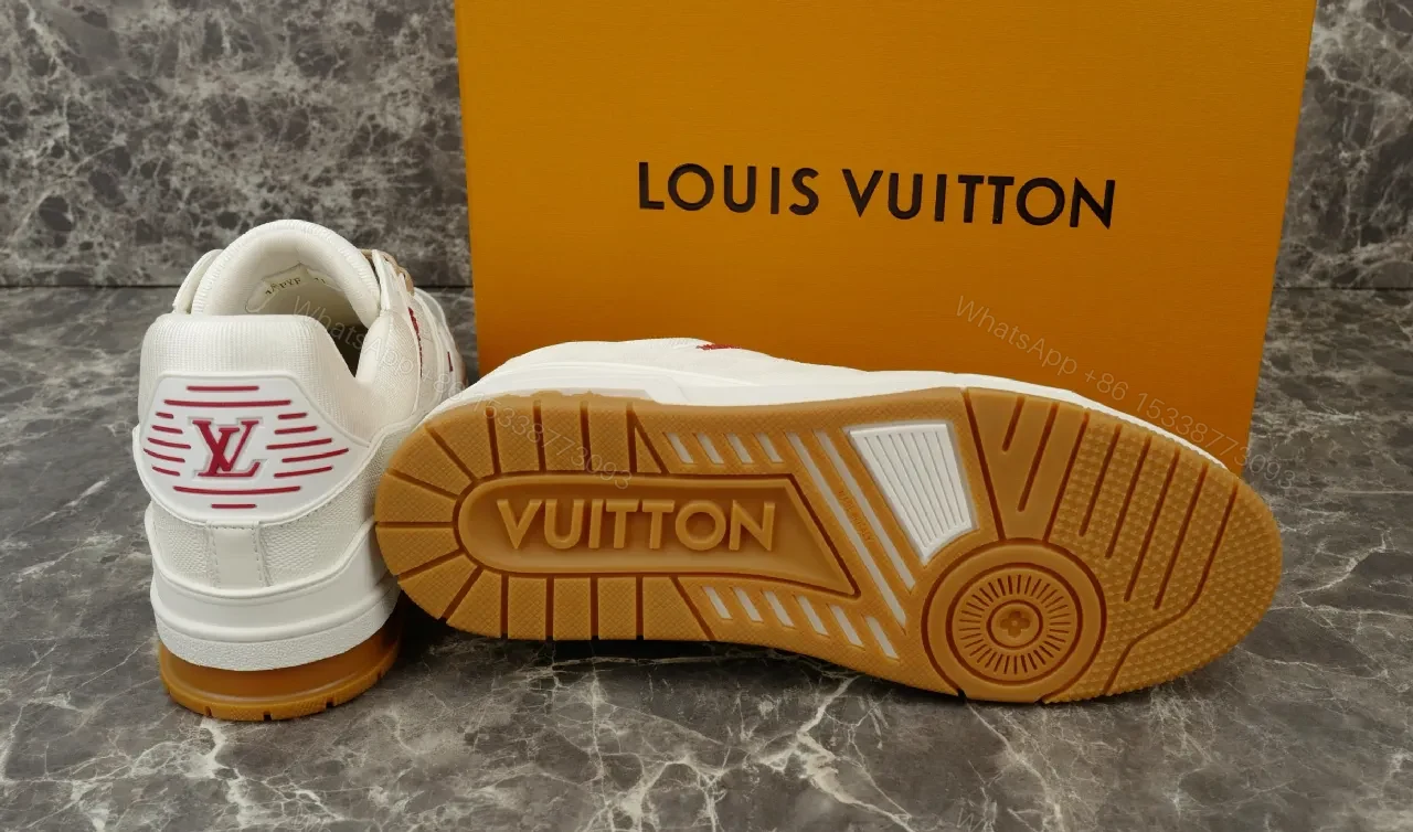 View 7 of Premium White Trail Runner – Beige Accents, Leather-Synthetic, Low-Profile, Discreet LV Details, Men’s Sneakers
