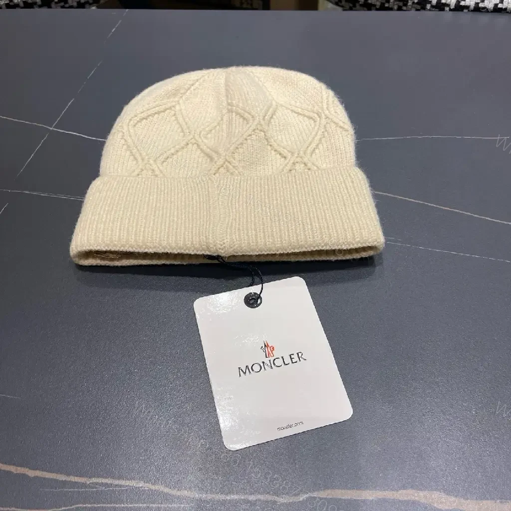 View 5 of Cream Knit Beanie + Wool Blend + Classic + Subtle Moncler Patch + Beanie