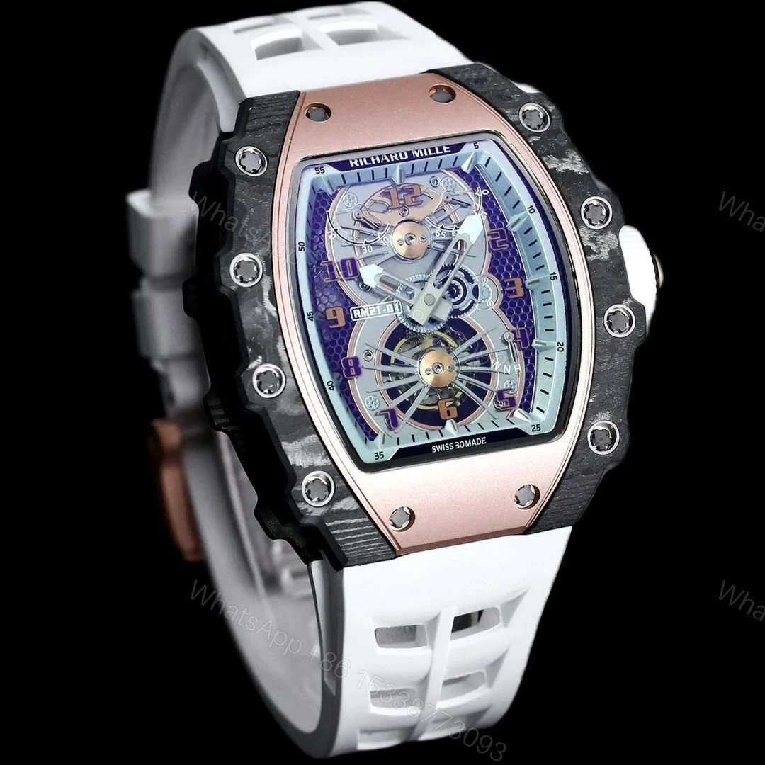 View 3 of Richard Mille RM21-01 Automatic Skeleton Watch 40MM Carbon Fiber Case White Strap Aerospace Structure 20 Keyway Screws Premium Edition RM-RM21-01-CF-WHT-SKL-40