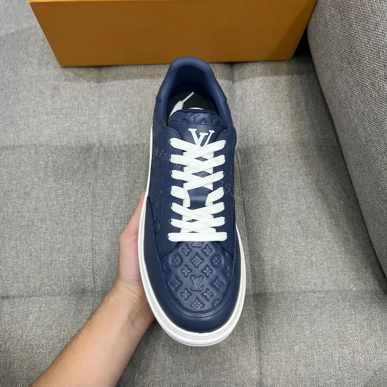Navy Leather LV-Patterned Low-Top Sneakers — Modern Luxury — view 1