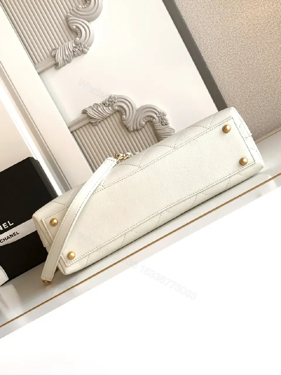 View 6 of White Quilted Leather Bag with Gold Chain Accent, Convertible Shoulder/Crossbody