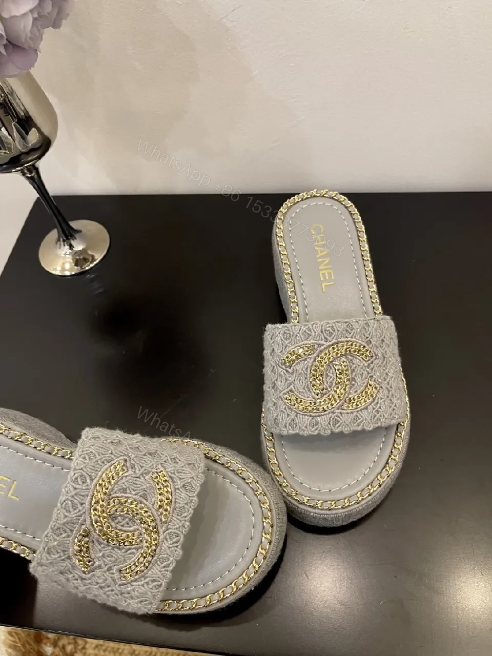 View 6 of Neutral Textile Slip-Ons with Gold-Chain Edge