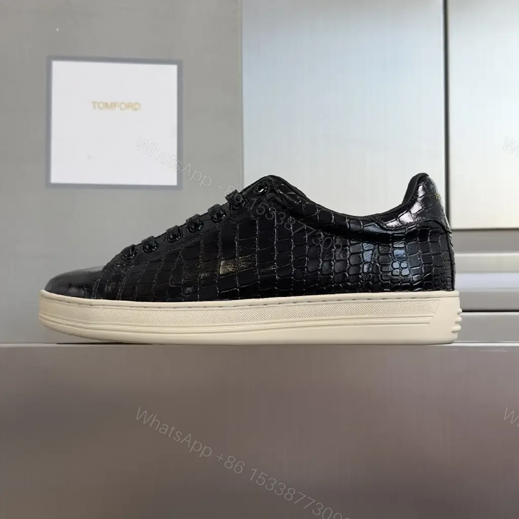View 8 of Croc-Textured Leather Sneakers – Black & Cream, Luxury Casual
