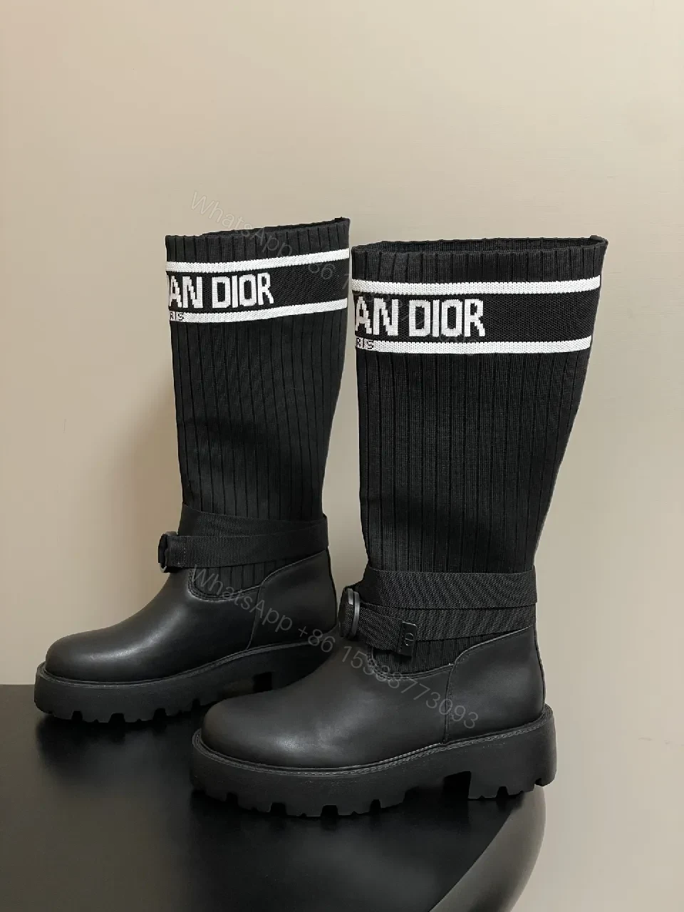 View 3 of Ribbed Knit Leather High-Top Boots: Luxe Streetwear Boldness