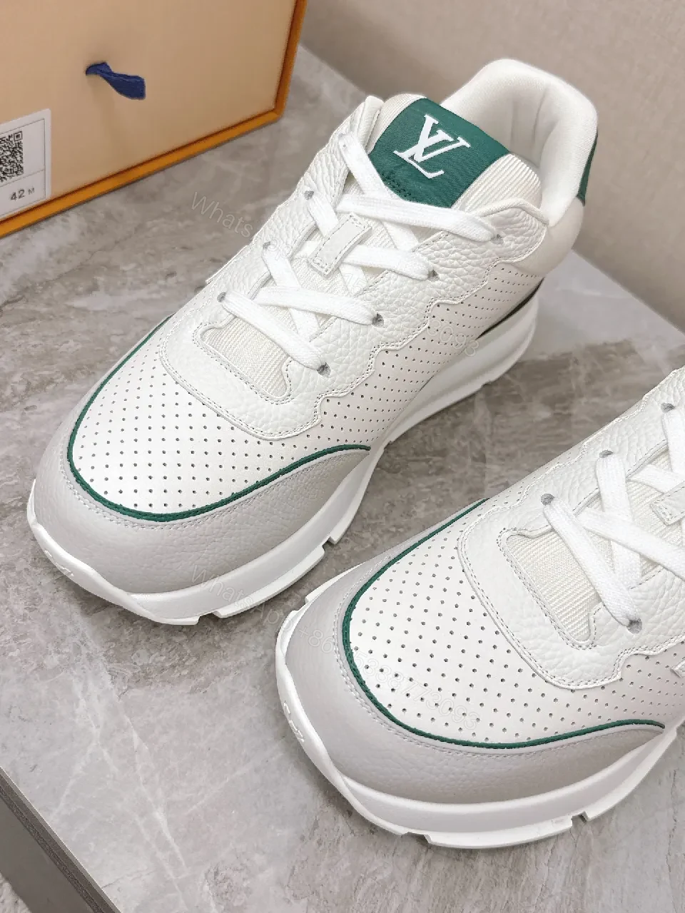 View 7 of White Leather Sneaker with Green Accents: Modern Luxury Comfort