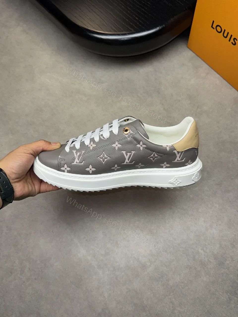 View 9 of Grey Monogram Leather Sneakers with Metallic Accents