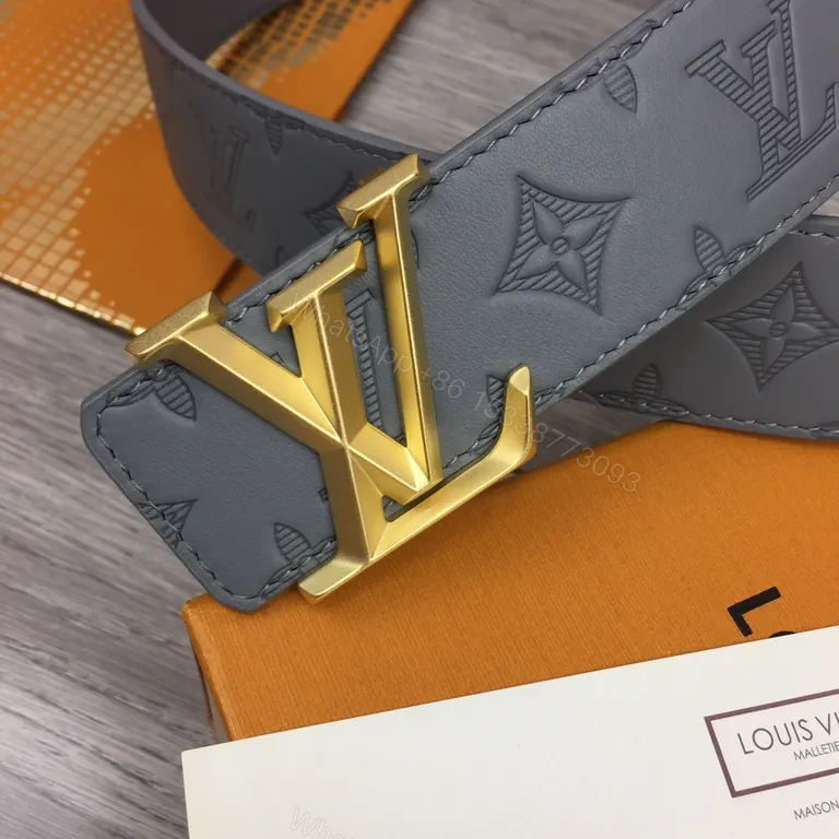 View 6 of Monogram Gray Leather Belt â€” Gold Buckle, All-Occasion Style