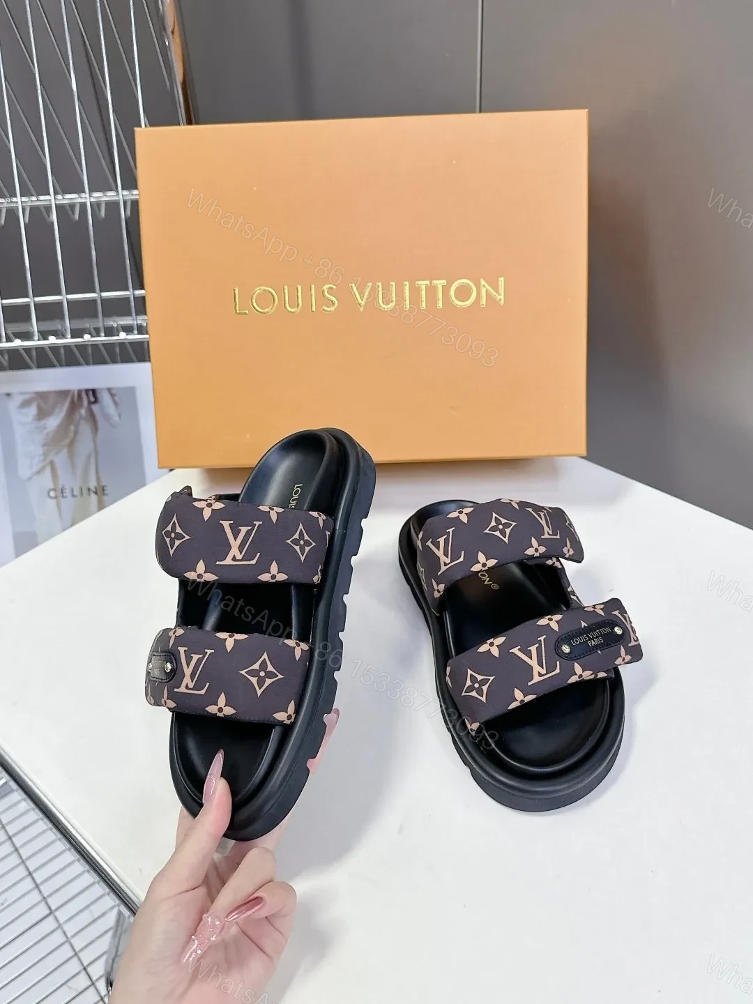 View 5 of LV Women Black Brown Patterned Fabric Sandals