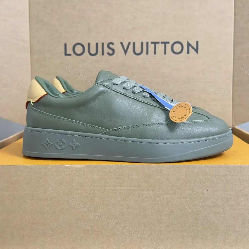 View 6 of Green Leather Sneaker, Platform Sole, Louis Vuitton Style, Monogram Accents, Casual Shoes
