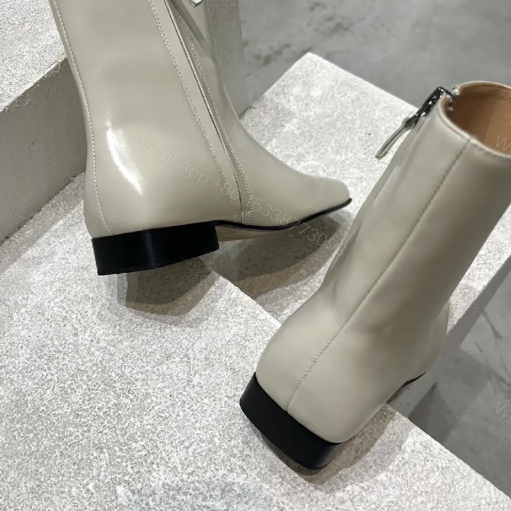 View 6 of Off-White Leather Ankle Boots with Square Toe and Zipper