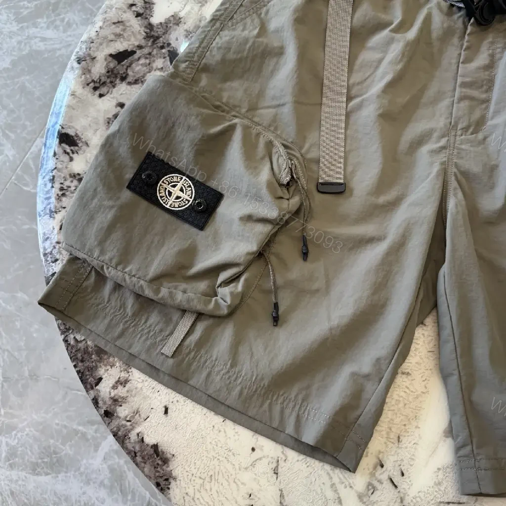 View 7 of Olive Nylon Cargo Shorts, 6-Pocket, Adjustable Belt, Stone Island Style