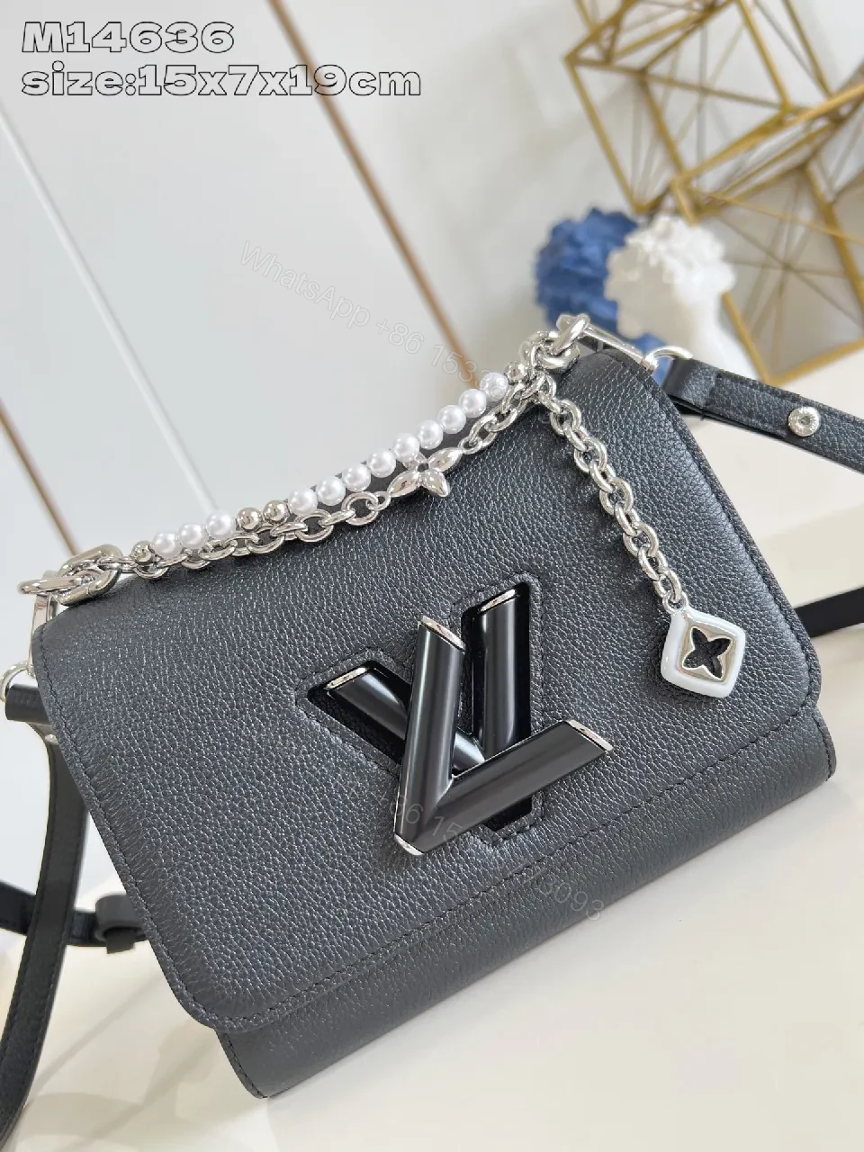 View 3 of Chic Pebbled Leather Crossbody: Pearl & Chain Detail