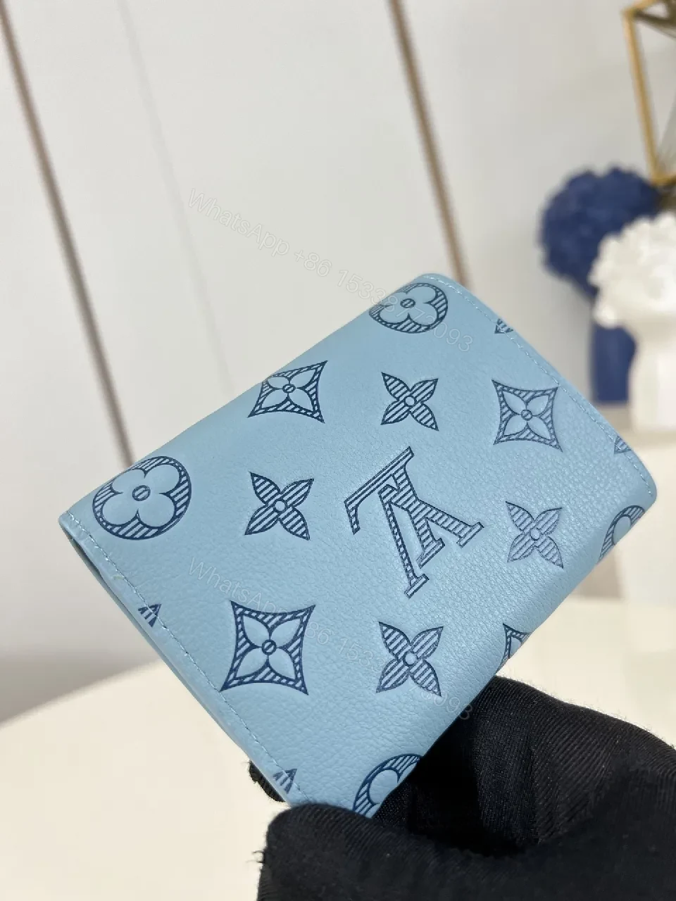 View 5 of Light Blue Monogram Compact Wallet — Sleek Snap Closure Luxury