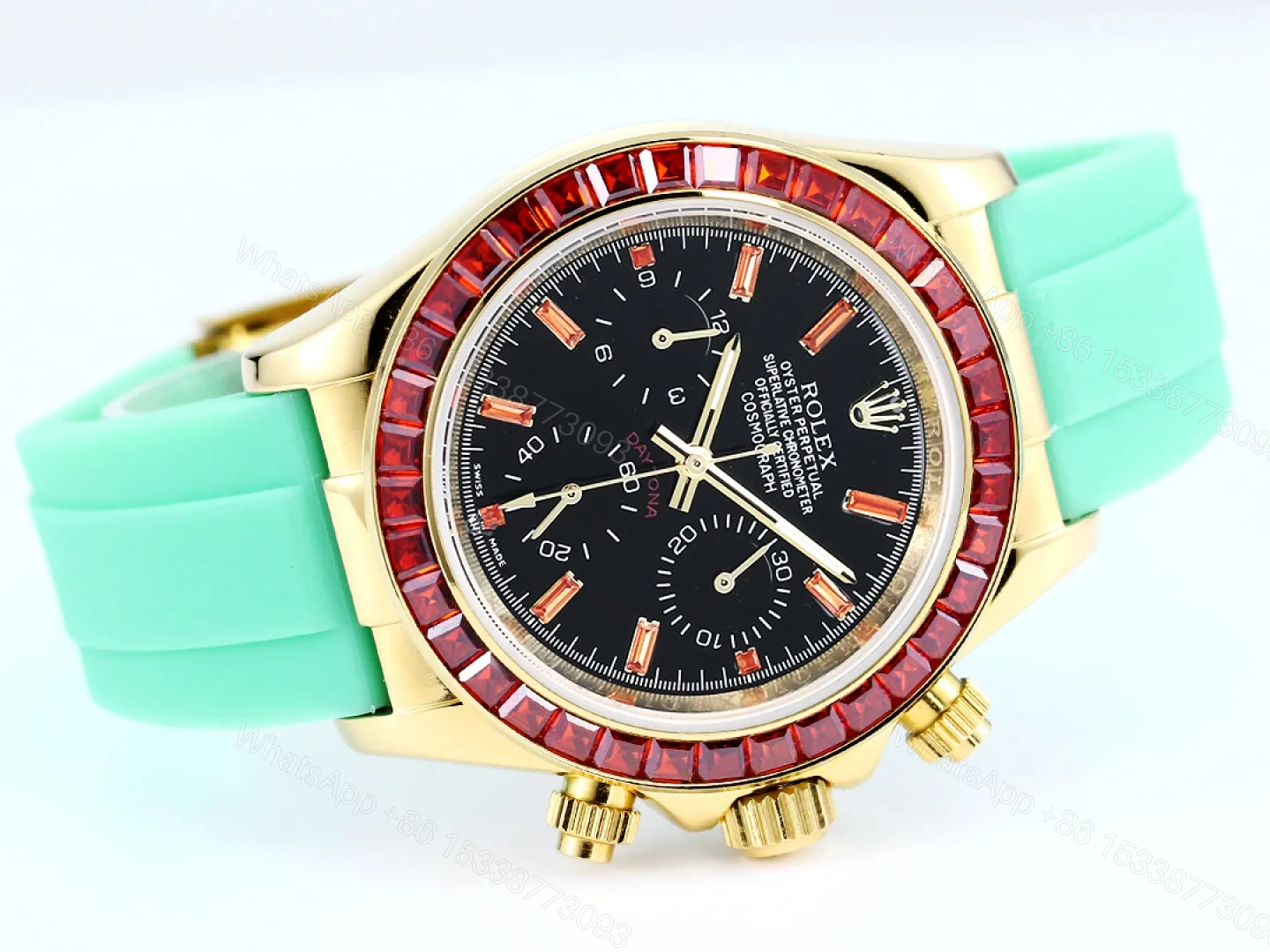 View 5 of Rolex Daytona Ruby Mint Strap Replica 43MM Exclusive Gold Case Edition RG-ROLEX-DAYTONA-RUBY-MINT-43