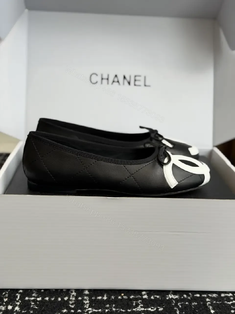 View 8 of Black White Leather Bow Ballet Flats, Classic Chanel Style, Flat Shoes