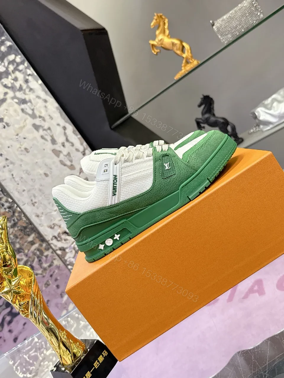 View 3 of Green Suede & White Mesh High-Top Sneaker: Elevated Comfort Luxury