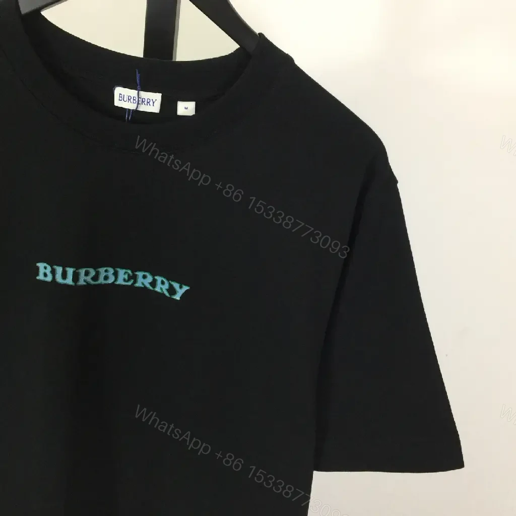 View 2 of Black Cotton T-shirt Regular Fit Turquoise Burberry Chest Text T-shirt