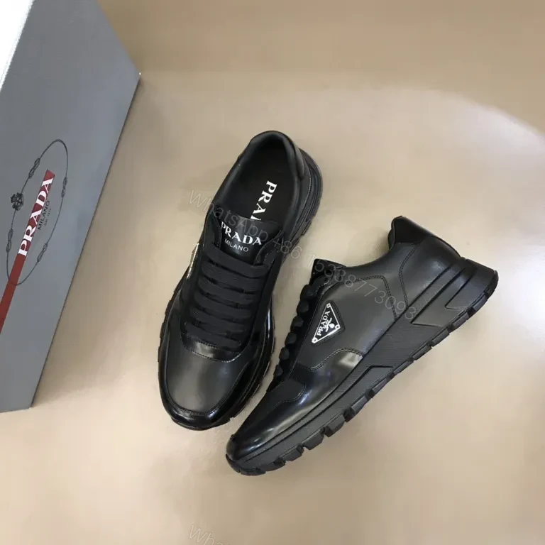 View 6 of Prada Black Leather Patent-Panel Sneakers, Discreet Luxury