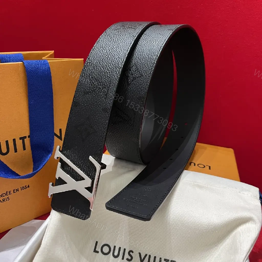 View 7 of Black Pebbled Leather Belt with Silver LV Buckle
