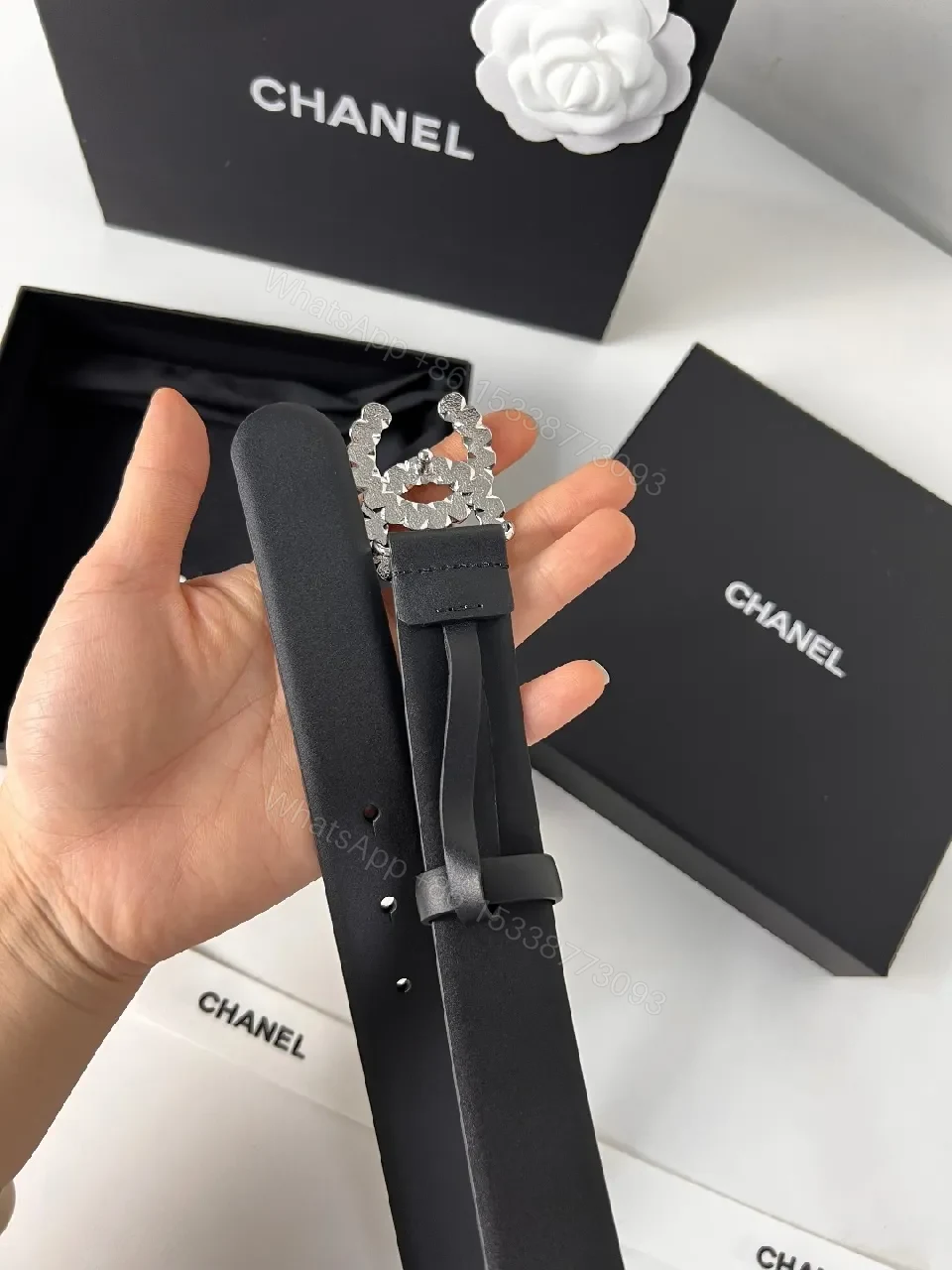 View 5 of Pearl Crystal Logo Belt – Black Strap, Luxe Everyday Style