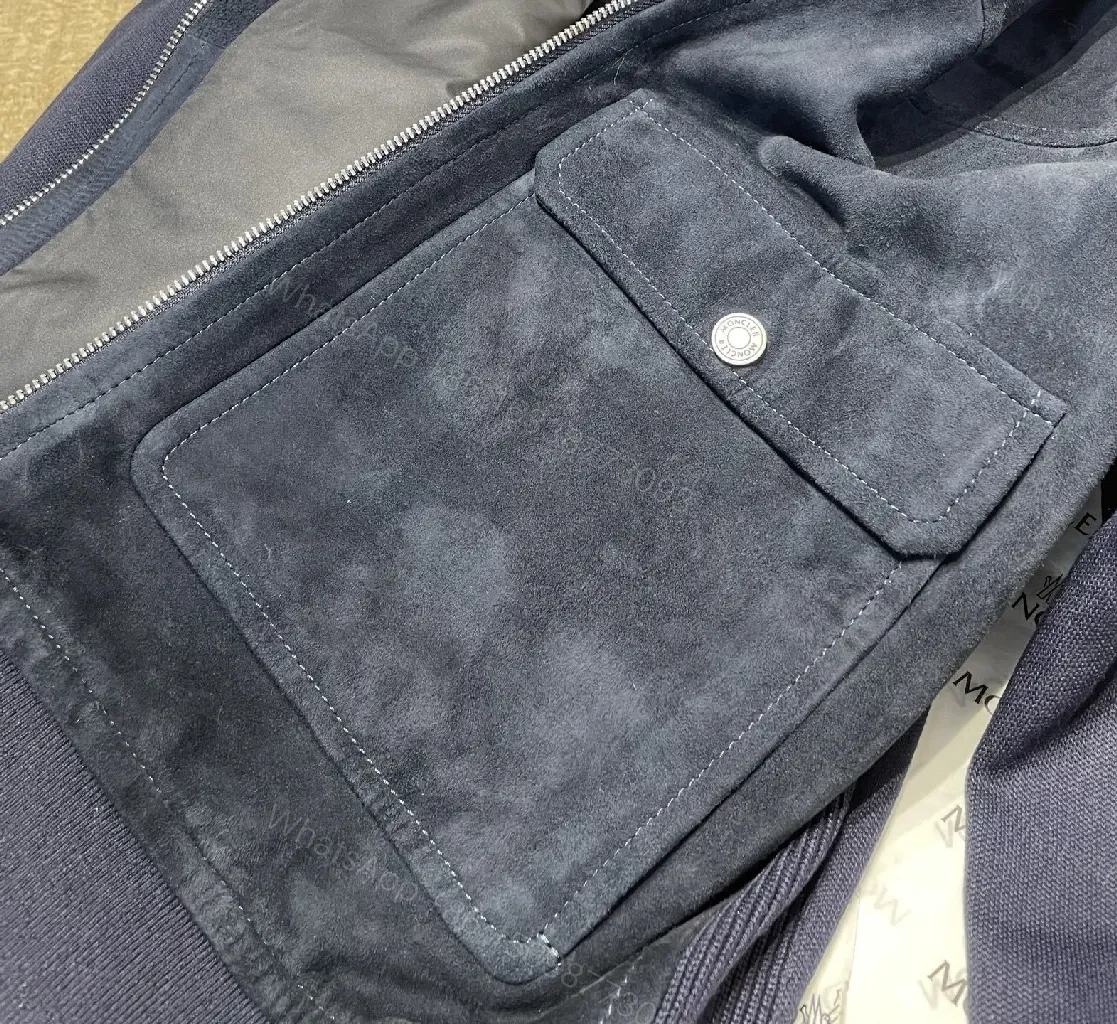 View 3 of Navy Suede-Texture Hybrid Jacket with Knit Sleeves