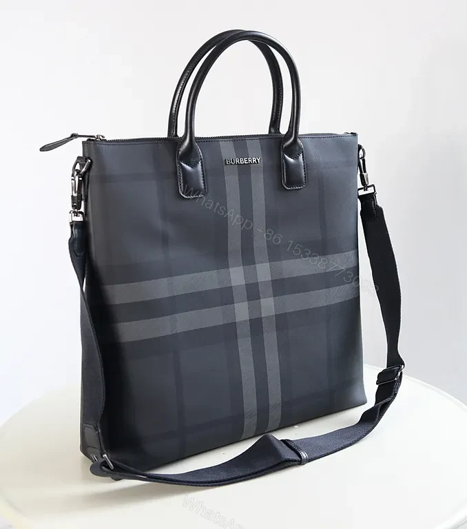 View 6 of Navy Burberry Check Tote: Leather-Trim Structured City Bag