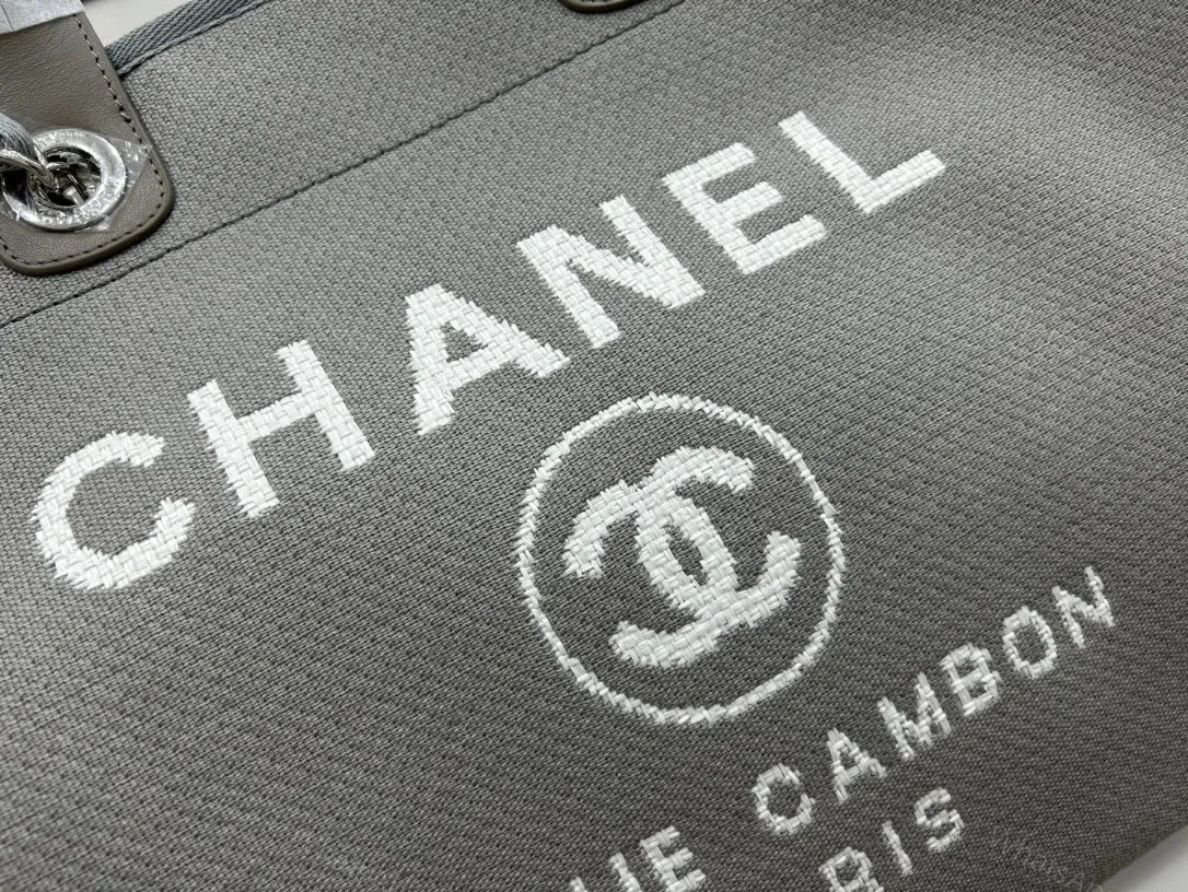 View 7 of CHANEL CC DEAUVILLE LARGE 38 TOTE BAG IN GREY CANVAS WITH WHITE LOGO
