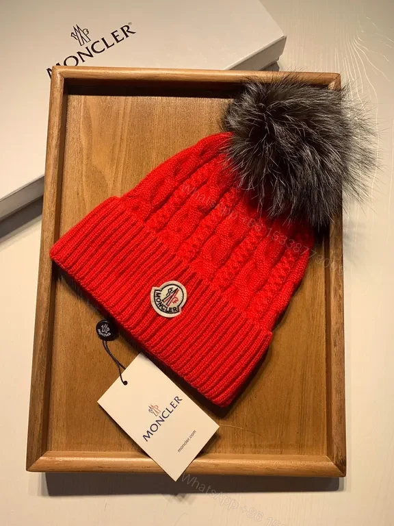 View 6 of Bold Red Cable-Knit Beanie with Pom-Pom, Moncler Style