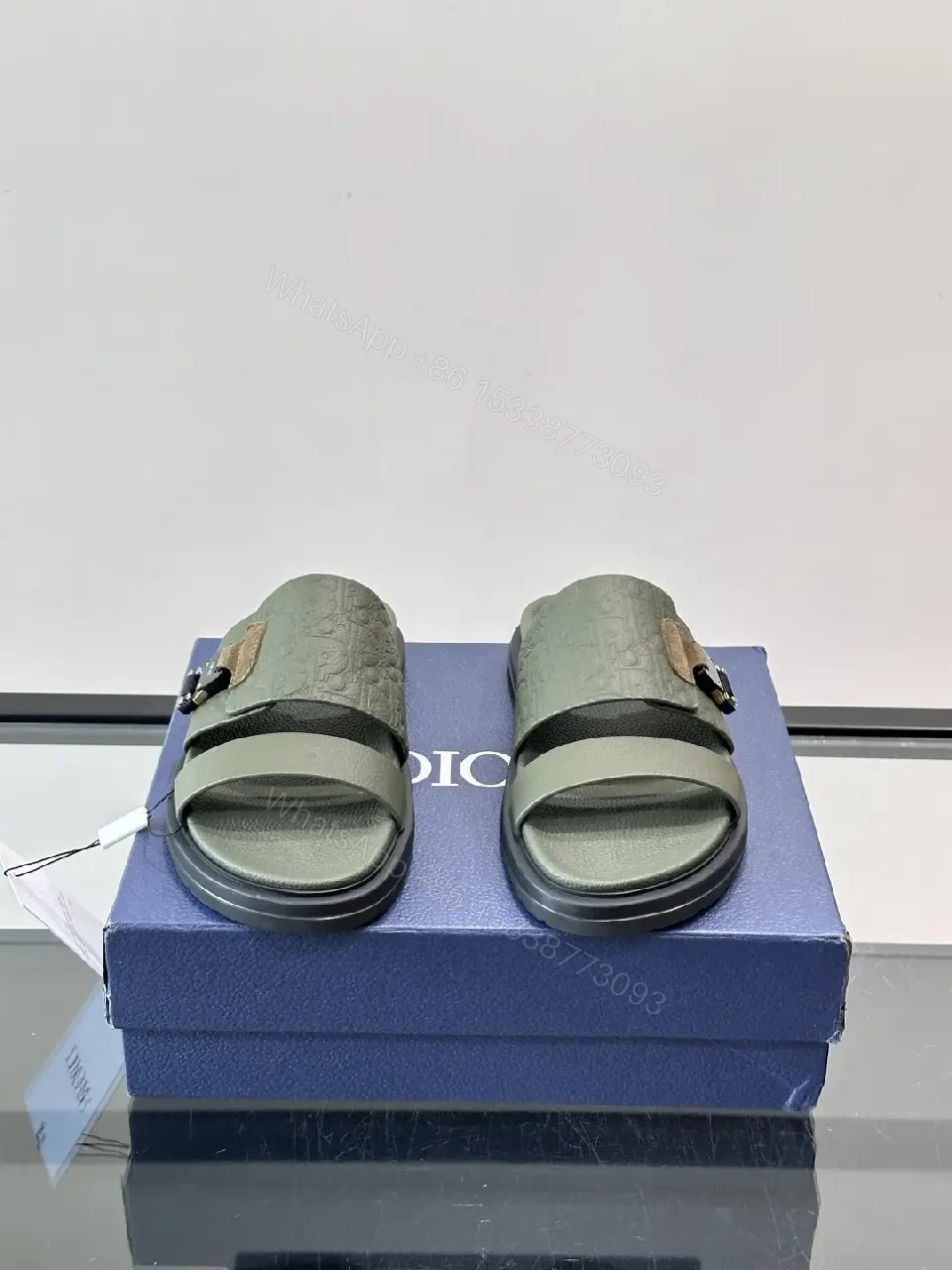 View 7 of Olive Green Embossed Leather Sliders Sandals