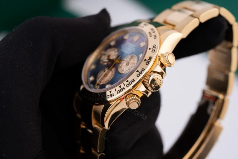 View 4 of Replica Rolex Cosmograph Daytona Yellow Gold Mother of Pearl Dial 40mm