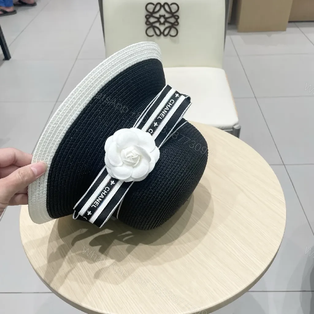 View 5 of Black-White Straw Hat with Ribbon Flower Accent - Sun Ready Couture-style Hat