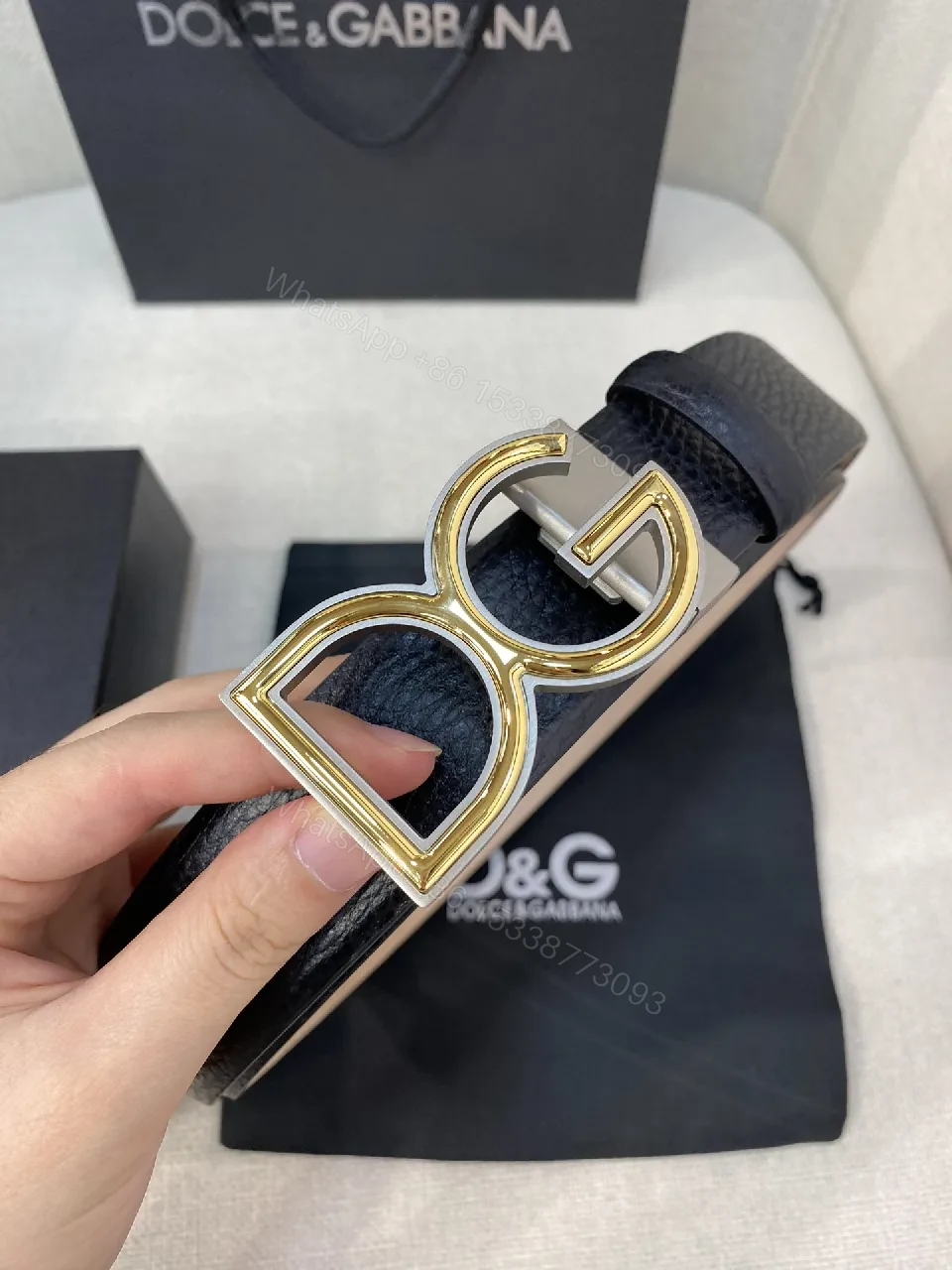 View 3 of Bold Leather Belt with Gold Buckle, Full-Grain Black Leather, Luxe Minimalism