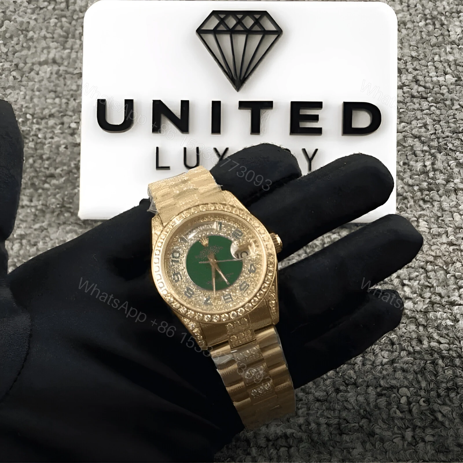View 2 of Rolex Datejust Yellow Gold Green Dial Iced out 118348 Replica