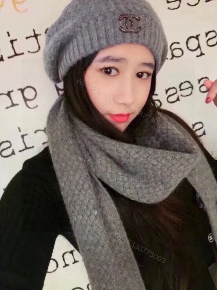 View 8 of Muted Gray Knit Set: Cozy Luxury Scarf & Beanie with Logo Hardware