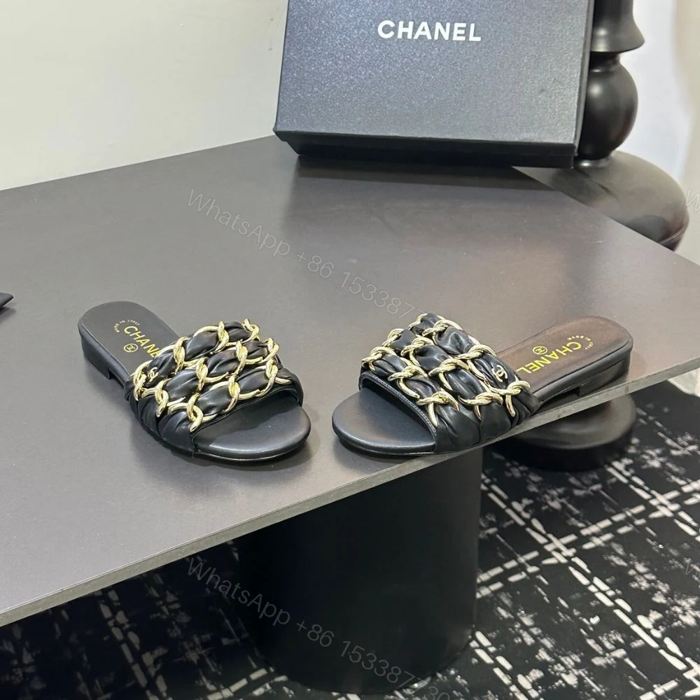 View 6 of Chanel Slide Sandals Gold Chain Black