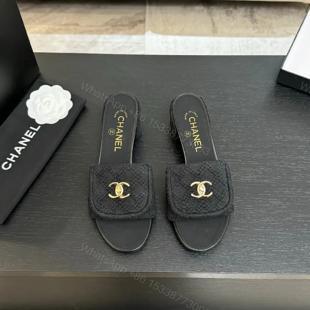 Black Textured Slip-Ons with Gold Logo Hardware, Open-Back Slide — view 1