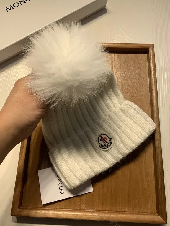 View 3 of Cream Beanie: Wool-Blend Knit with Pom-Pom â€“ Moncler Style