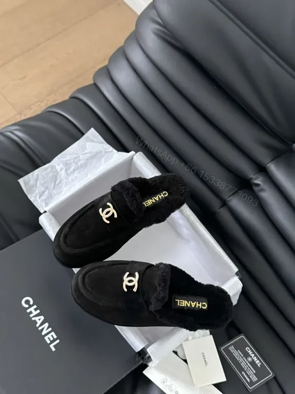 View 4 of Chanel-Inspired Black Shearling Mules with Gold Logo Detail