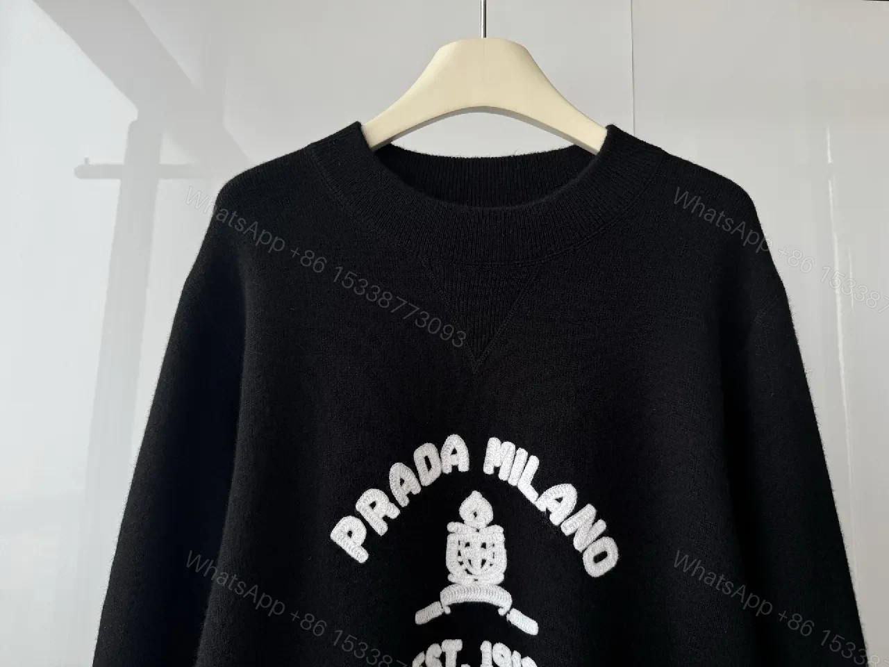 View 2 of Black Wool-Blend Knit Sweater Crest Embroidery Version