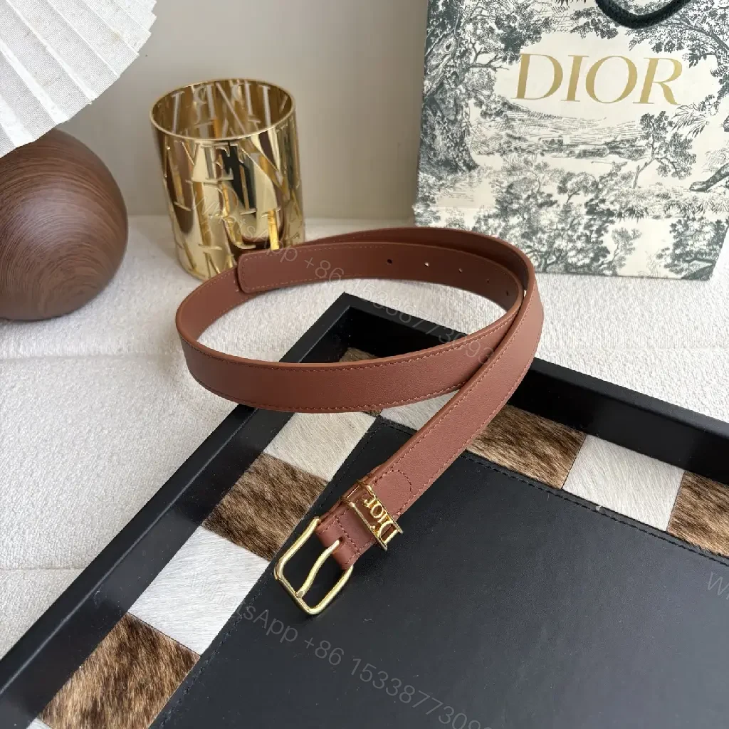 View 4 of Brown Leather Minimalist Belt with Gold DIOR Emblem Strap