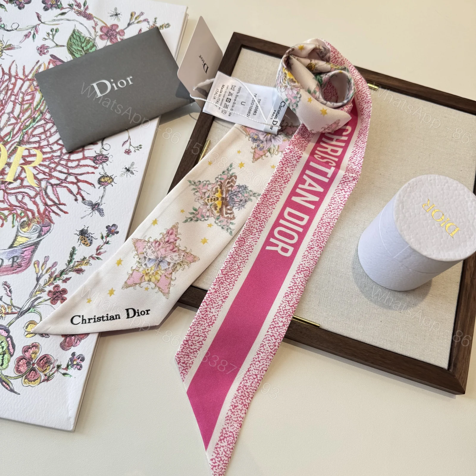 Dior高仿粉色星芒花卉絲巾髮帶 法式雙面精品窄版飄帶女款 — view 1