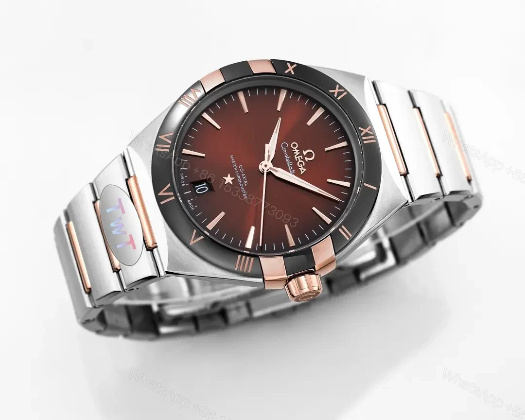 View 4 of Omega Constellation Star Series 5th Generation Ceramic Bezel Watch 41mm Burgundy Dial Stainless Steel and Rose Gold Bracelet
