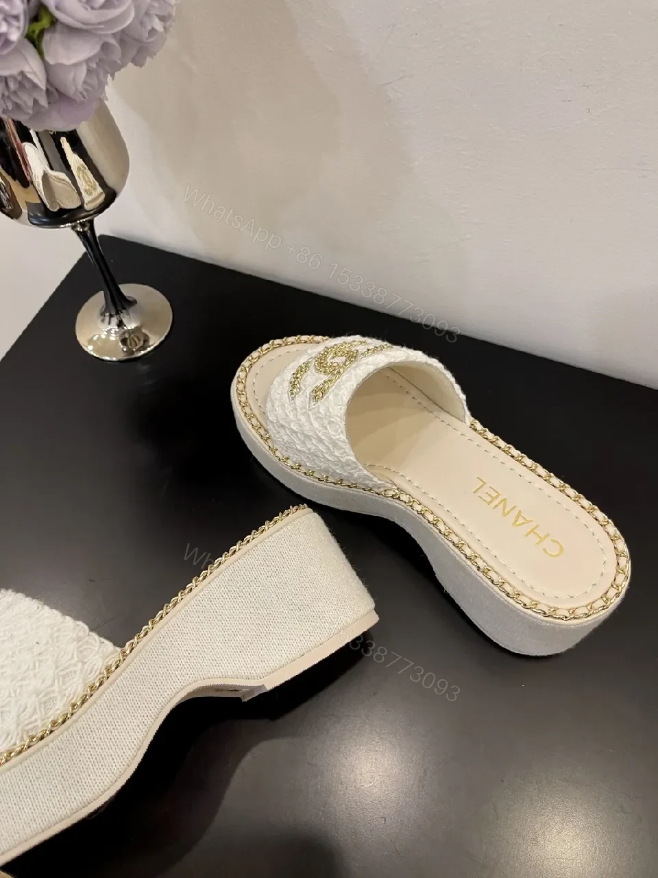View 5 of White Textured Slide Sandals with Gold Logo, Open-Toe Mule Product