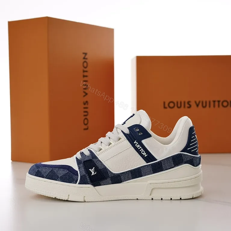 View 4 of Navy Leather Monogram Runner: Modern Checker Sneaker