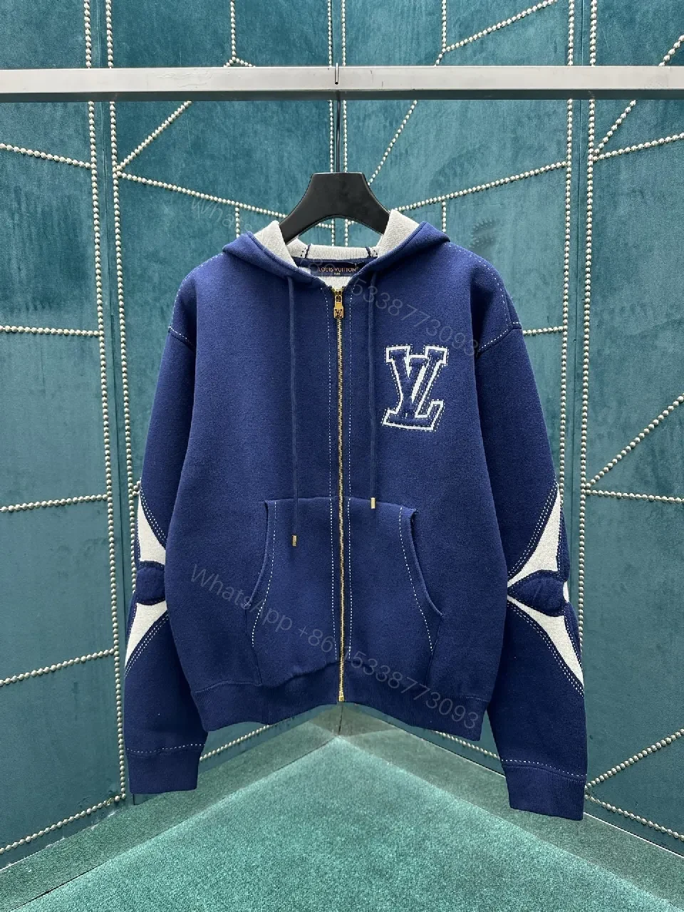 Navy Velour Zip Hoodie - Luxury LV-Inspired Detail — view 1