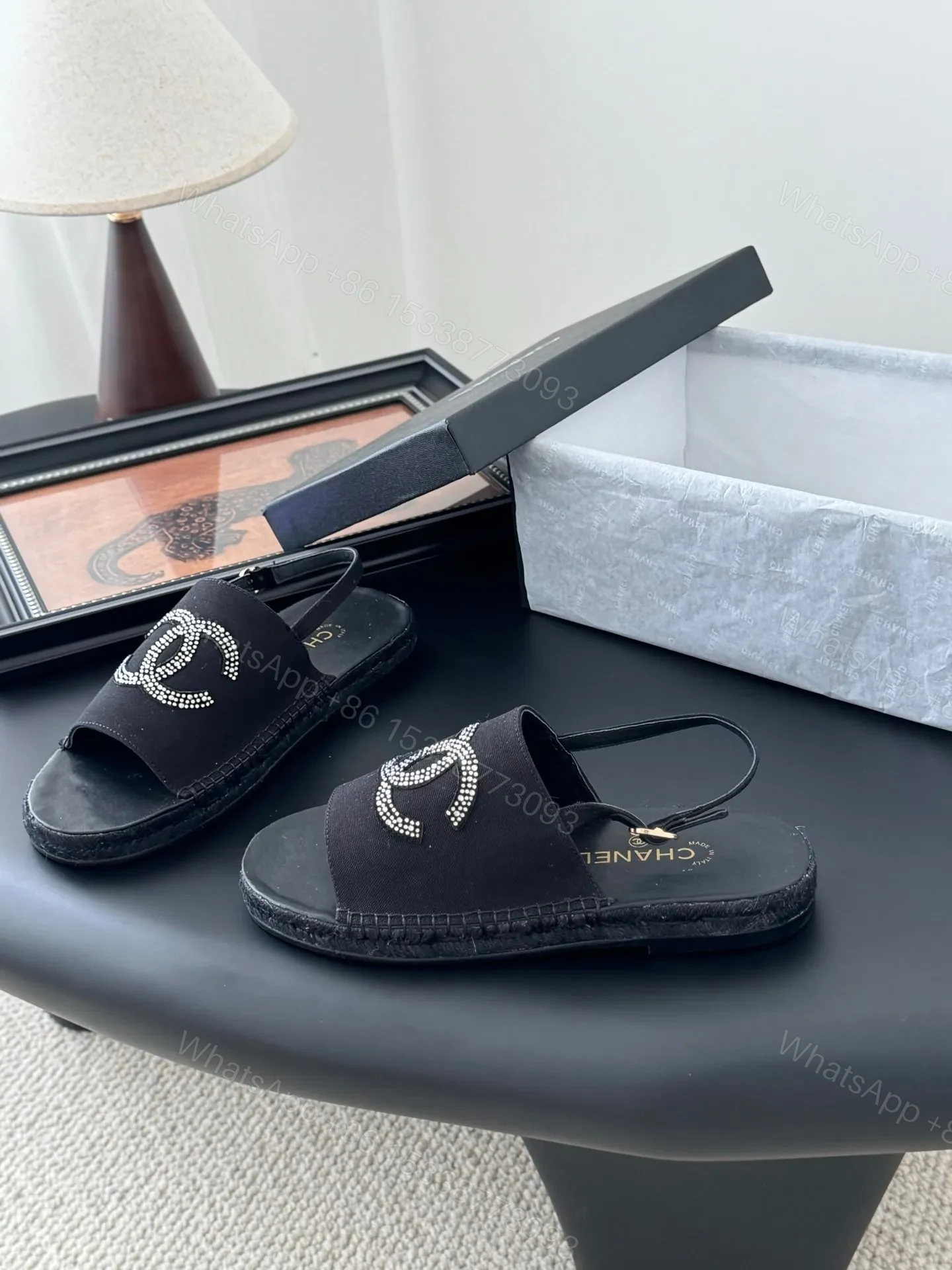 View 2 of Chanel Women Black Fabric Logo Embellished Sandals